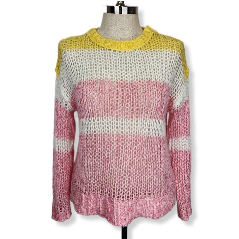Sundance Julia Stripe Sweater Womens M Pink White Yellow Pullover Open Knit Crew